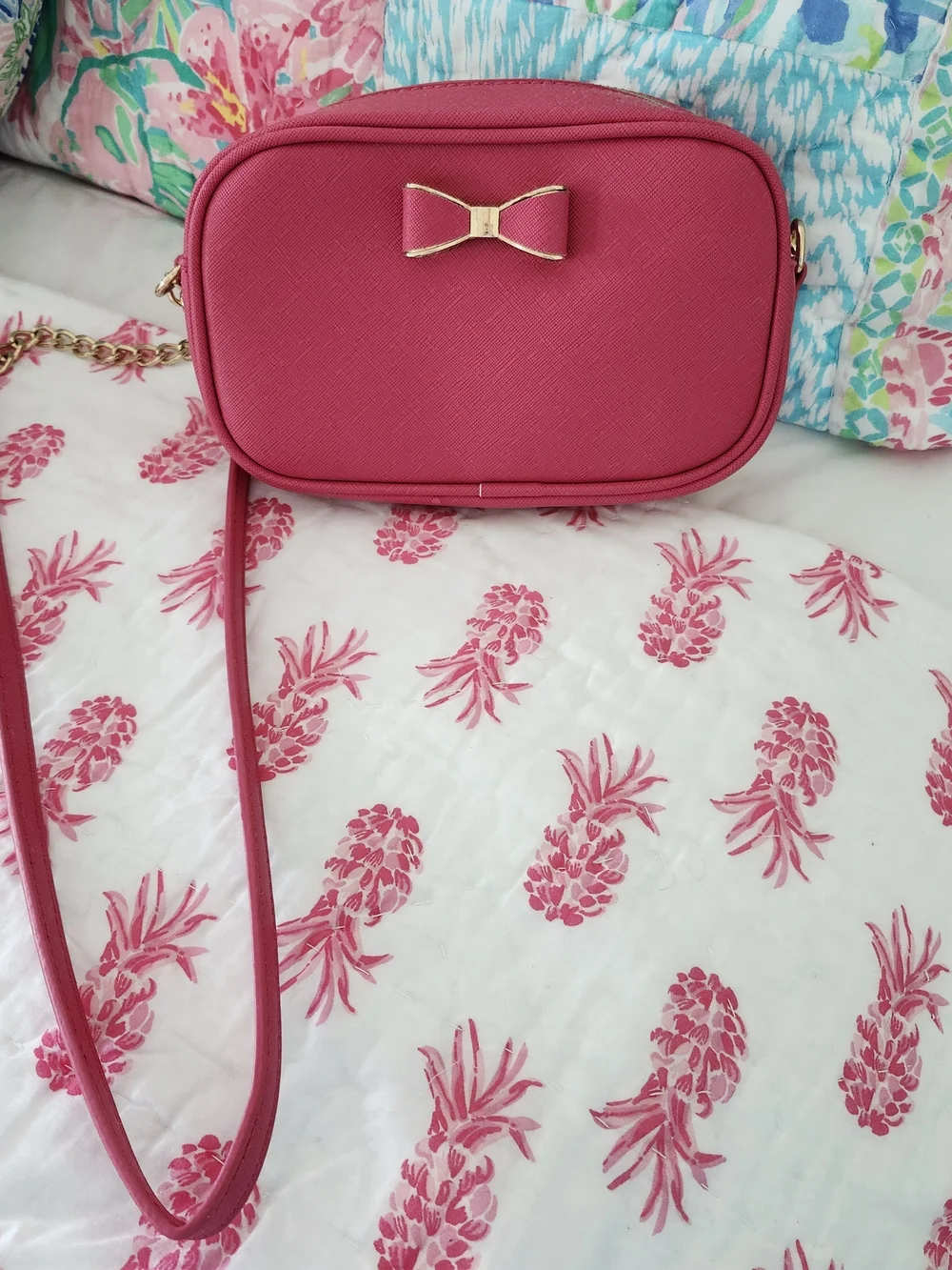 Hot Pink Crossbody Camera Bag with Gold Bow Accent